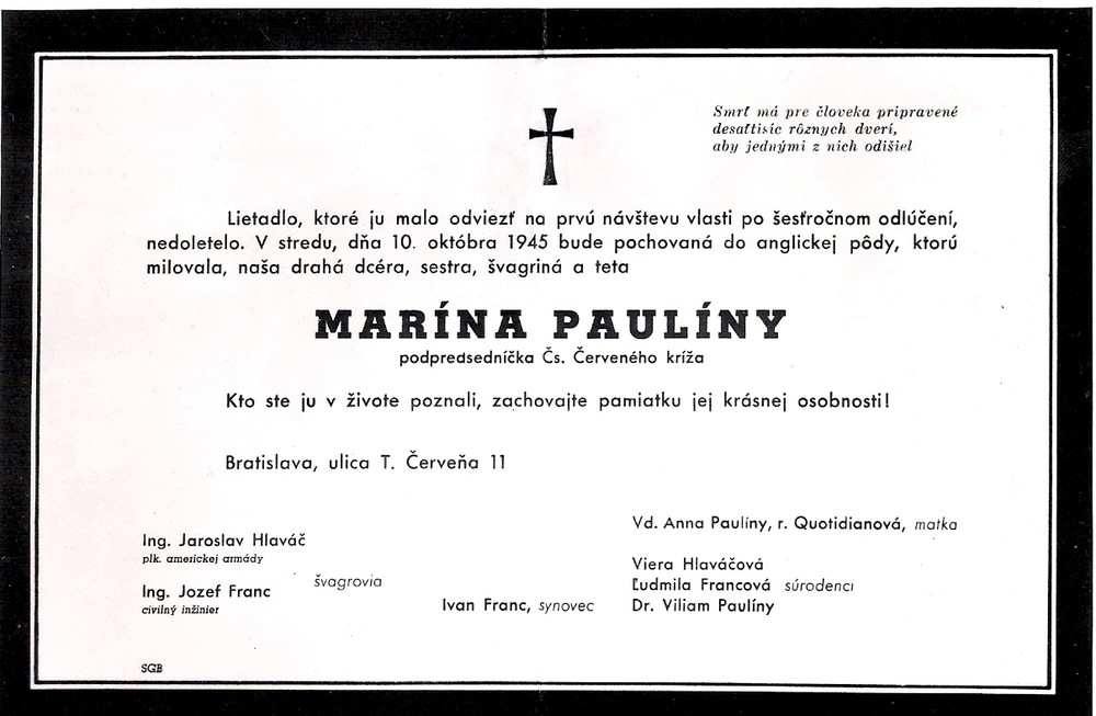 Oznámenie o úmrtí Maríny Paulínyovej