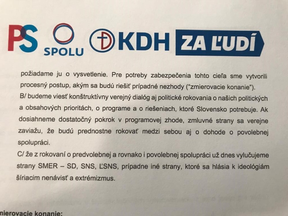 Opozičné strany PS/Spolu, KDH a Za ľudí sa dohodli na predvolebnej spolupráci 