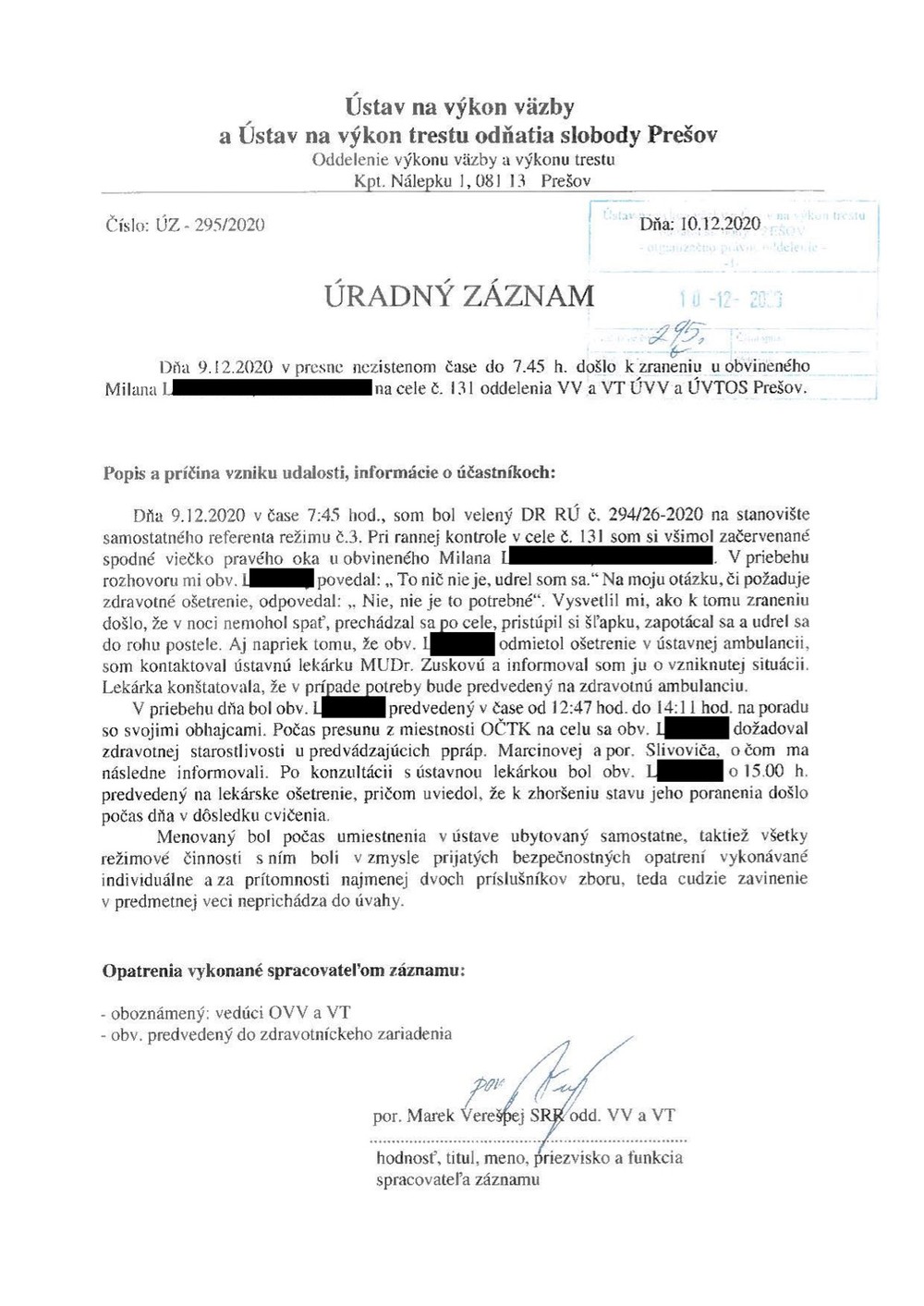 Úradný záznam o zranení