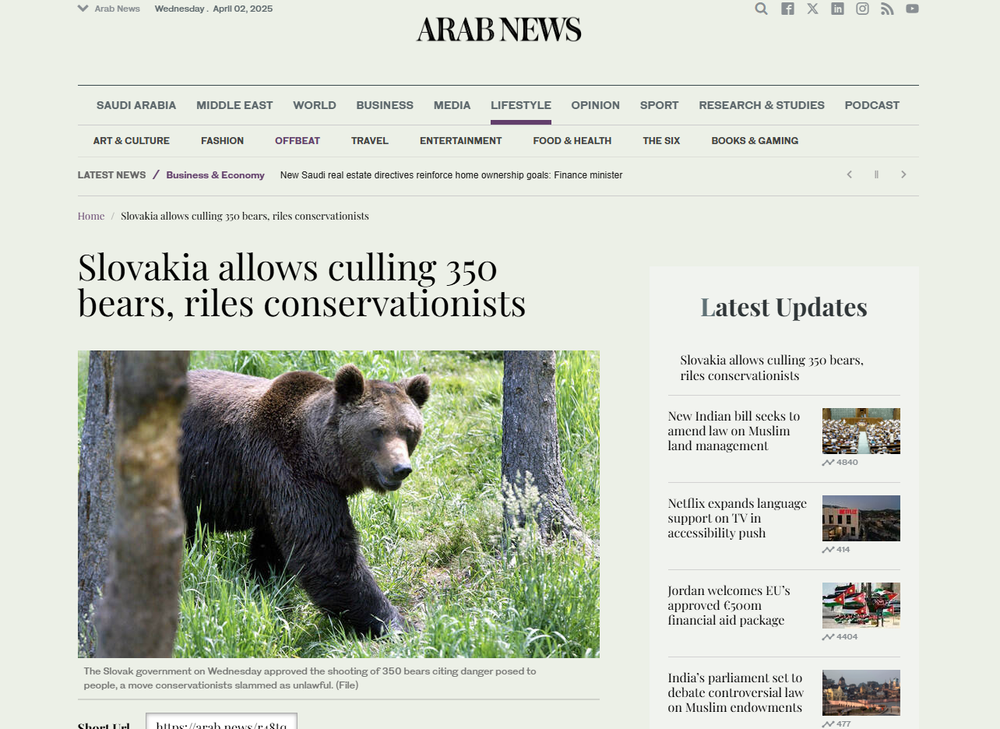 Stránka Arab news píše o odstrele medveďa na Slovensku
