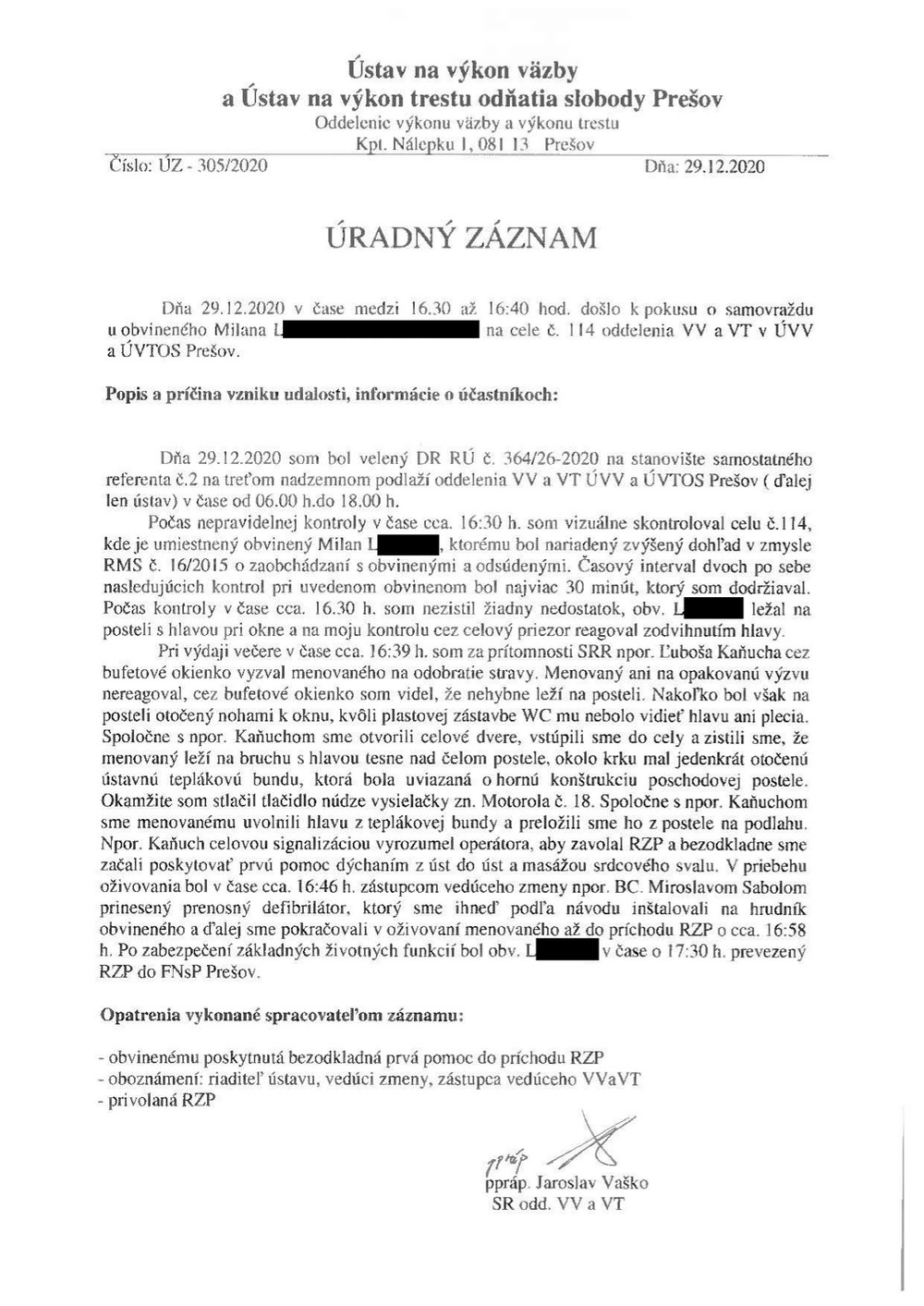 Úradný záznam o pokuse o samovraždu