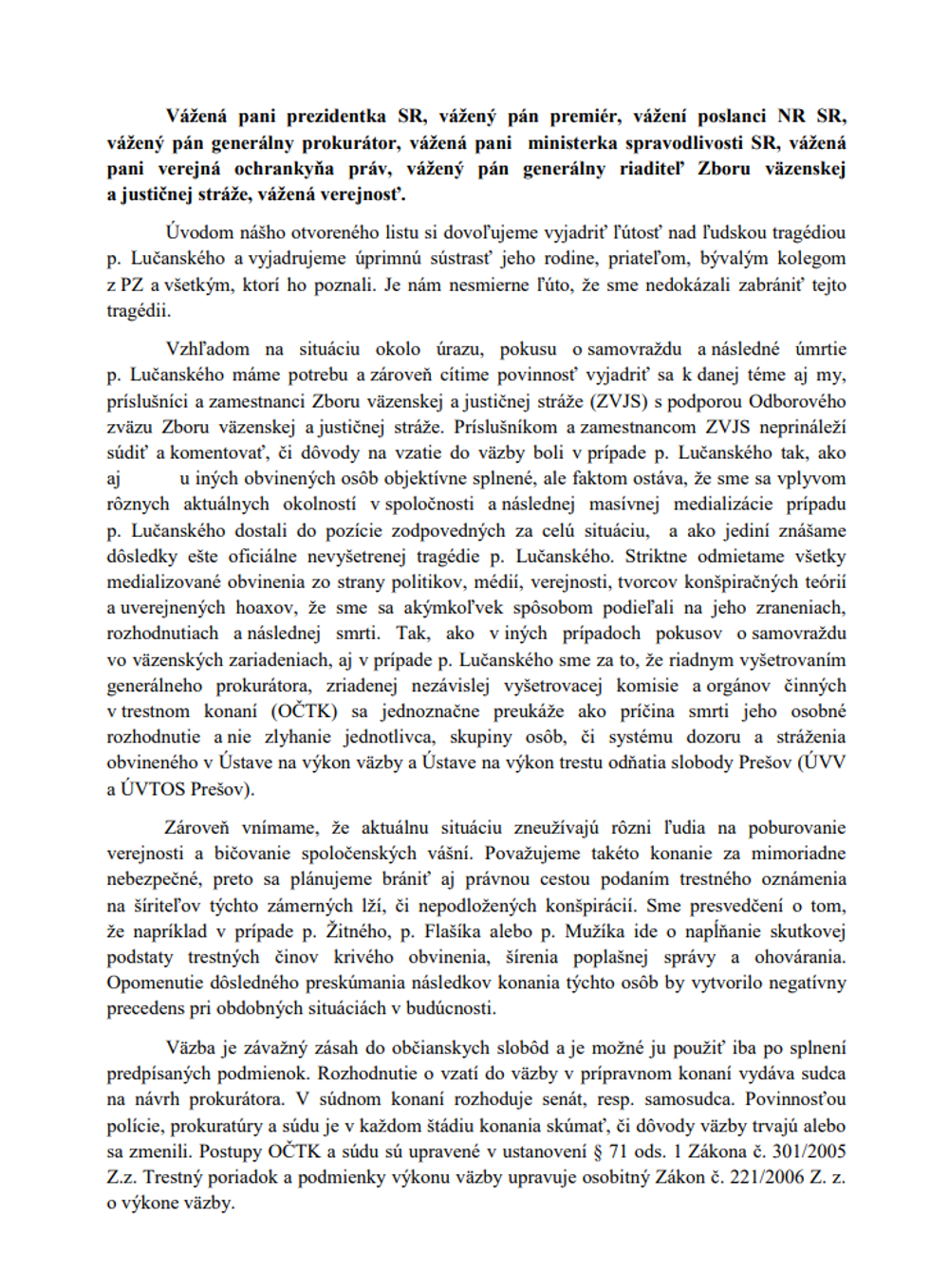 Otvorený list k aktuálnej situácii vo väzenstve