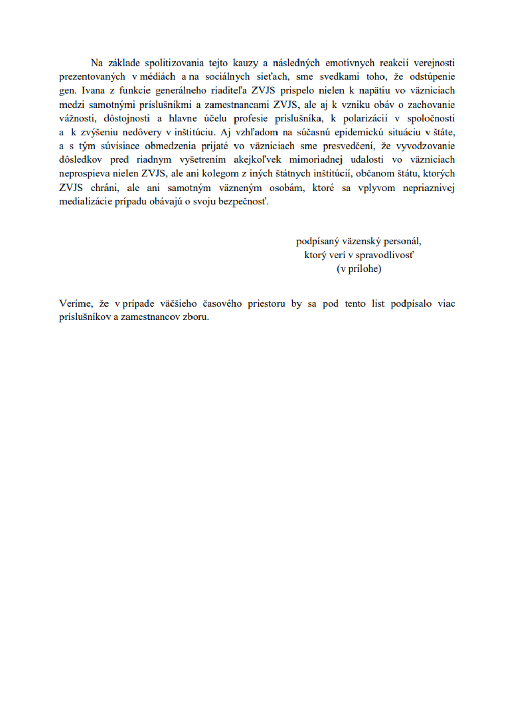 Otvorený list k aktuálnej situácii vo väzenstve