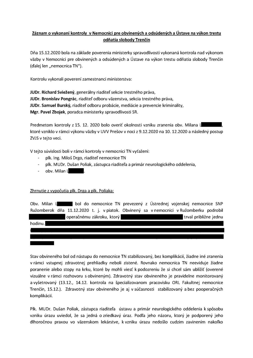 záznam o vykonaní kontroly v nemocnici