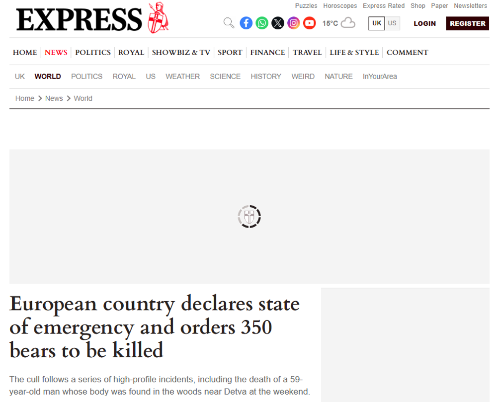 Stránka Daily Express píše o odstrele medveďov na Slovensku
