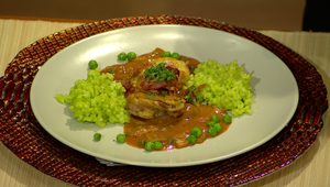 Kurací Stroganov, ryža s hráškom