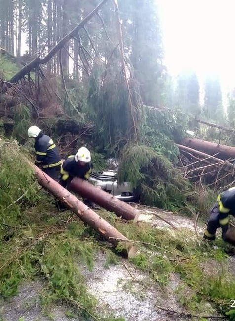 FOTO: Na auto s 5-člennou rodinou sa zrútili stromy. Z auta ich museli vyslobodiť hasiči