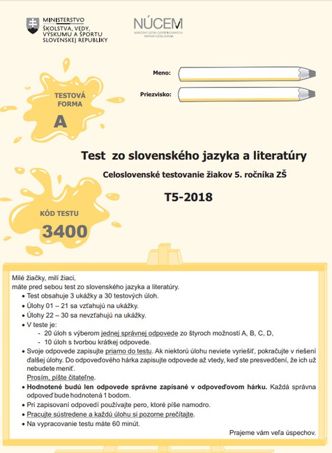 Testovanie žiakov 5. ročníka - Slovenský jazyk a literatúra
