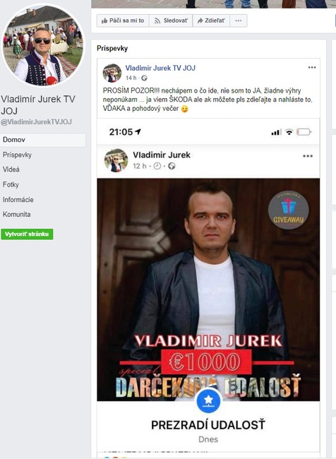 Falošný profil Vlado Jurek TV JOJ
