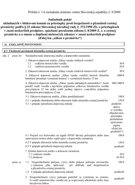 Sadzobník pokút platný od 1. júla - strana 1