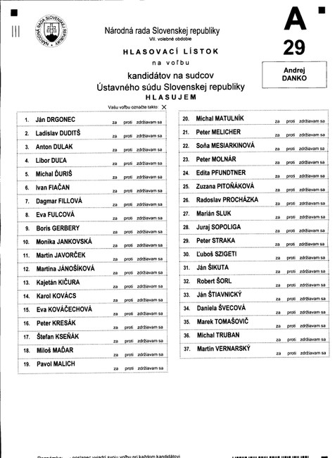 Hlasovací lístok voľby ÚS