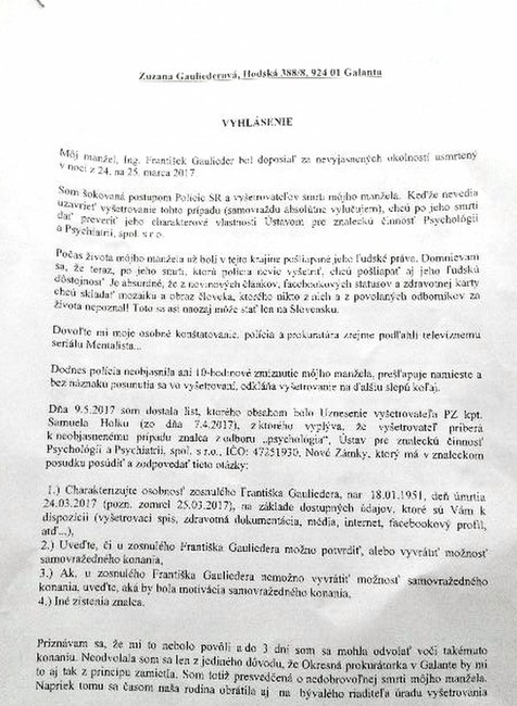 Vyhlásenie Zuzana Gauliederová vyšetrovanie Gaulieder 