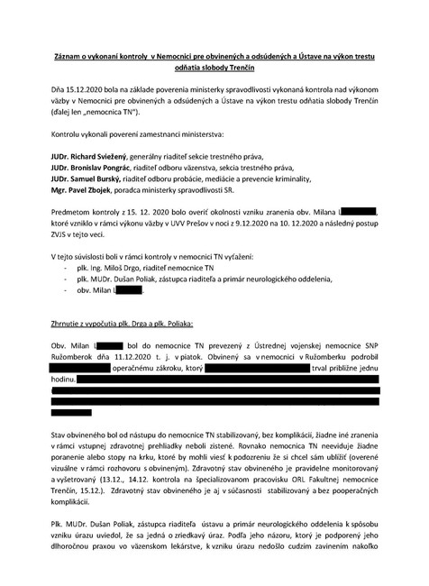 záznam o vykonaní kontroly v nemocnici