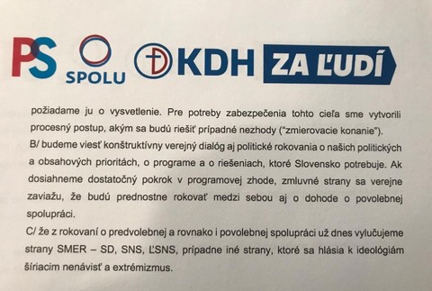 Opozičné strany PS/Spolu, KDH a Za ľudí sa dohodli na predvolebnej spolupráci 