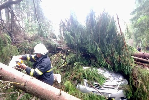 FOTO: Na auto s 5-člennou rodinou sa zrútili stromy. Z auta ich museli vyslobodiť hasiči