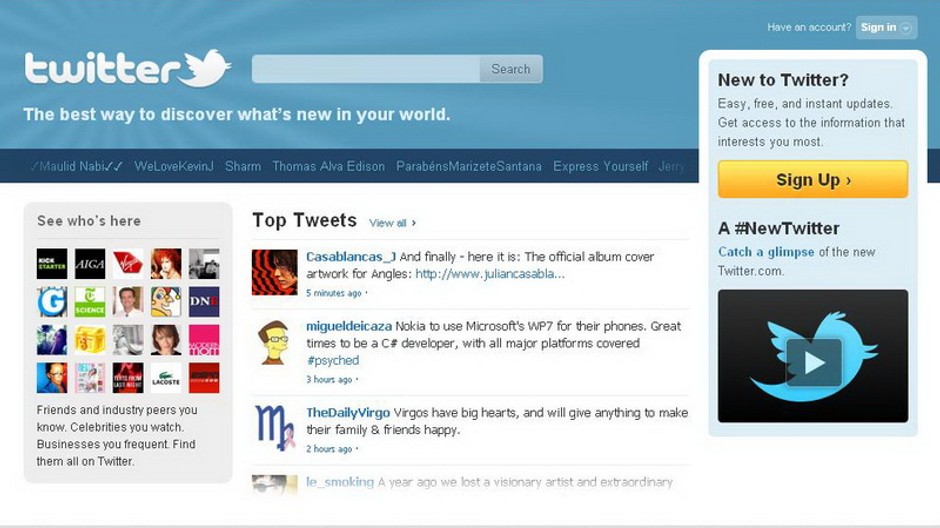 Twitter, úvodná stránka