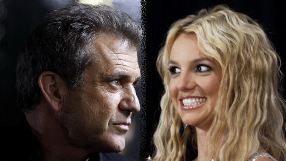 Mel Gibson, profil, Britney Spears, komický úsmev, poloprofil, detail, koláž, montáž