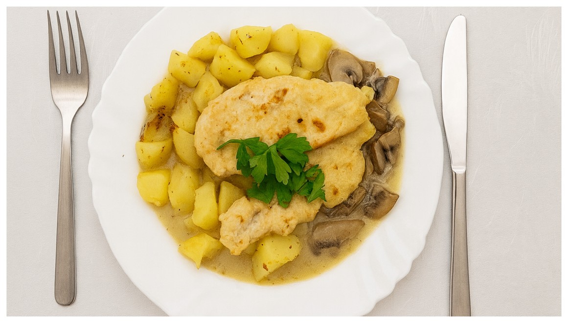 HLAVNÉ JEDLO - Kurací steak s opekanými zemiakmi a šampiňónovou omáčkou