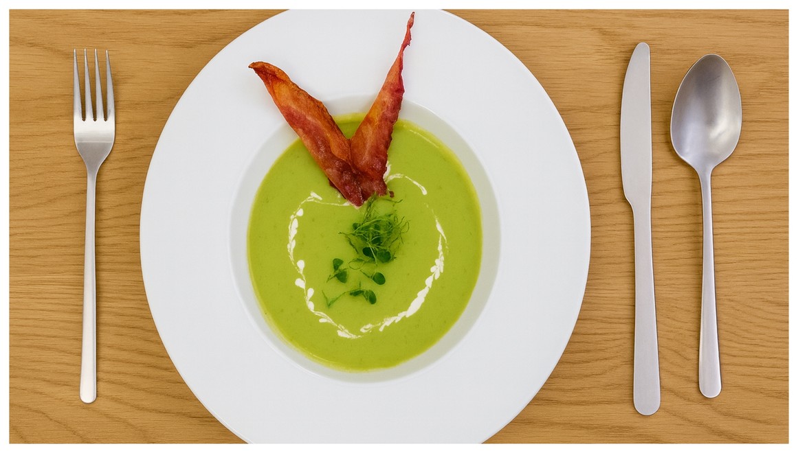 POLIEVKA - Hráškovo-špargľový krém so slaninovým chipsom